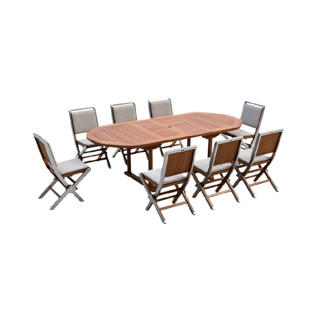 "Eenvoudige Ovalen Eettafel met Opvouwbare Stoelen van Hout en RVS"
