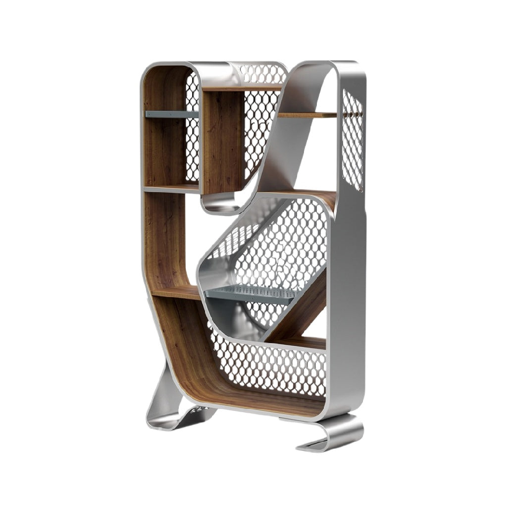 Moderne boekenplank met metalen en houten elementen