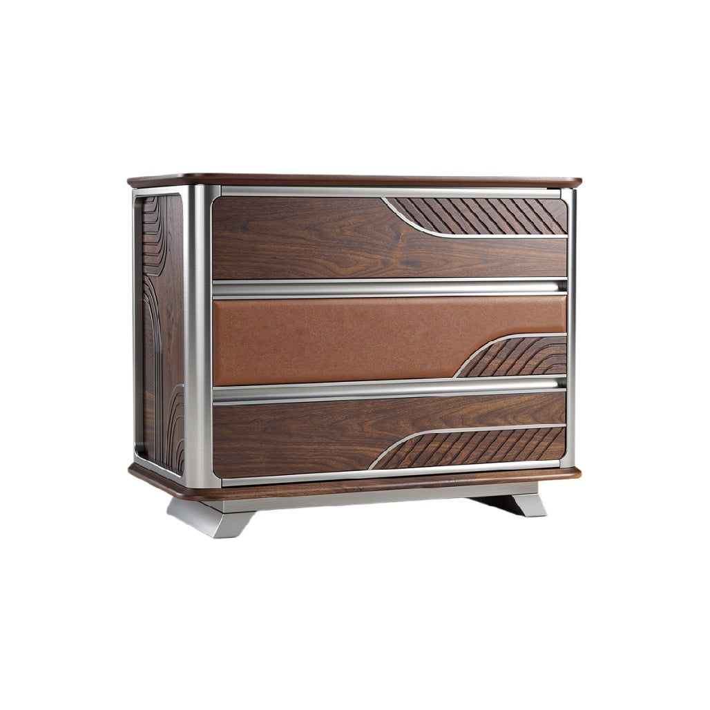 "Modern Eikenhouten Kast met Leren Accenten en RVS Details"