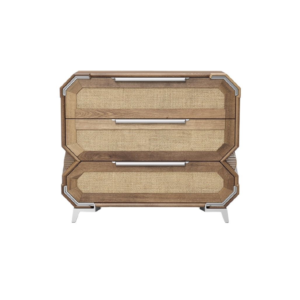 Moderne Houten Nachtkast met Rieten Lades en Chroomhandvatten
